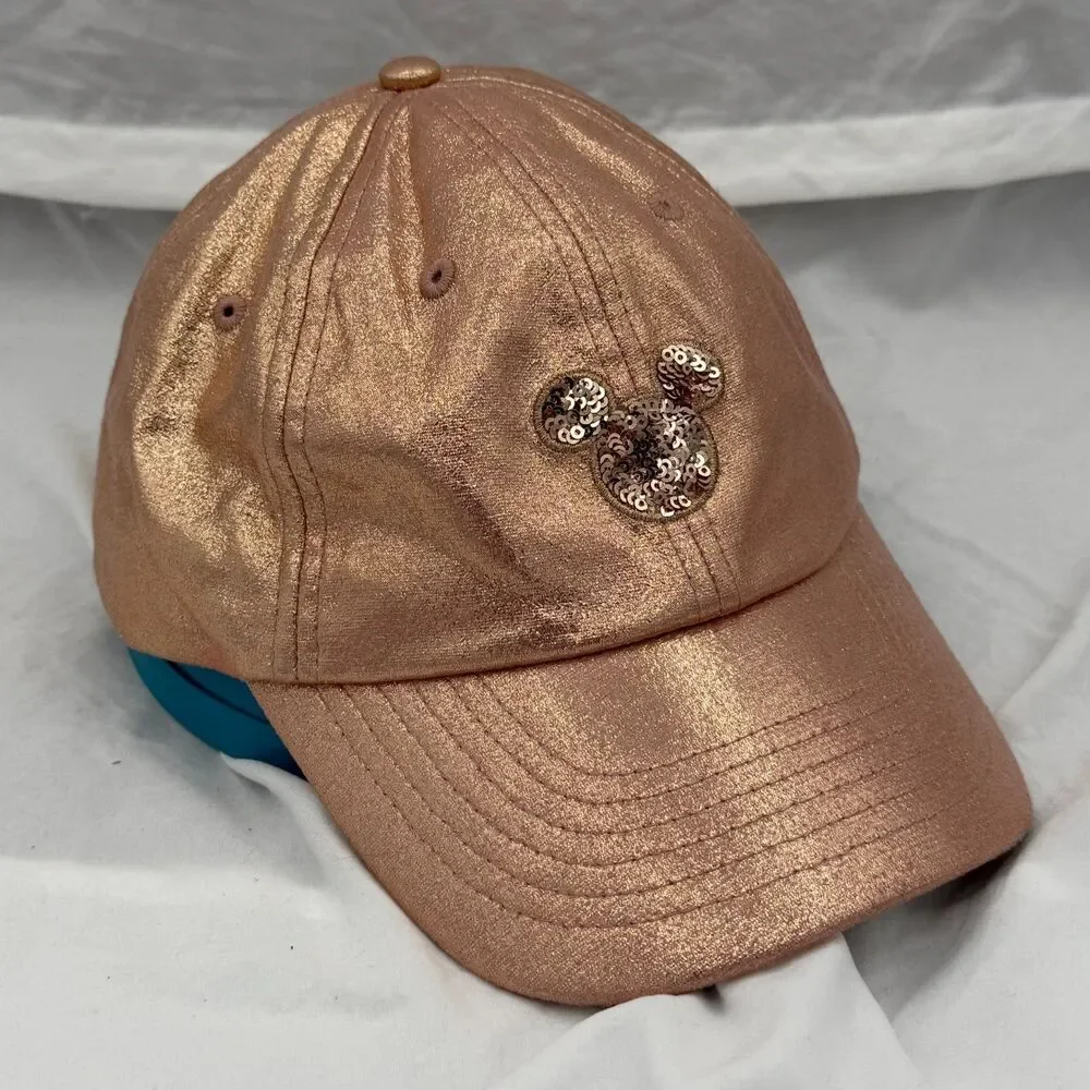 Disney Parks Rose Gold Mickey Hat Metallic Sequin Ears Logo Adjustable Cap Adult
